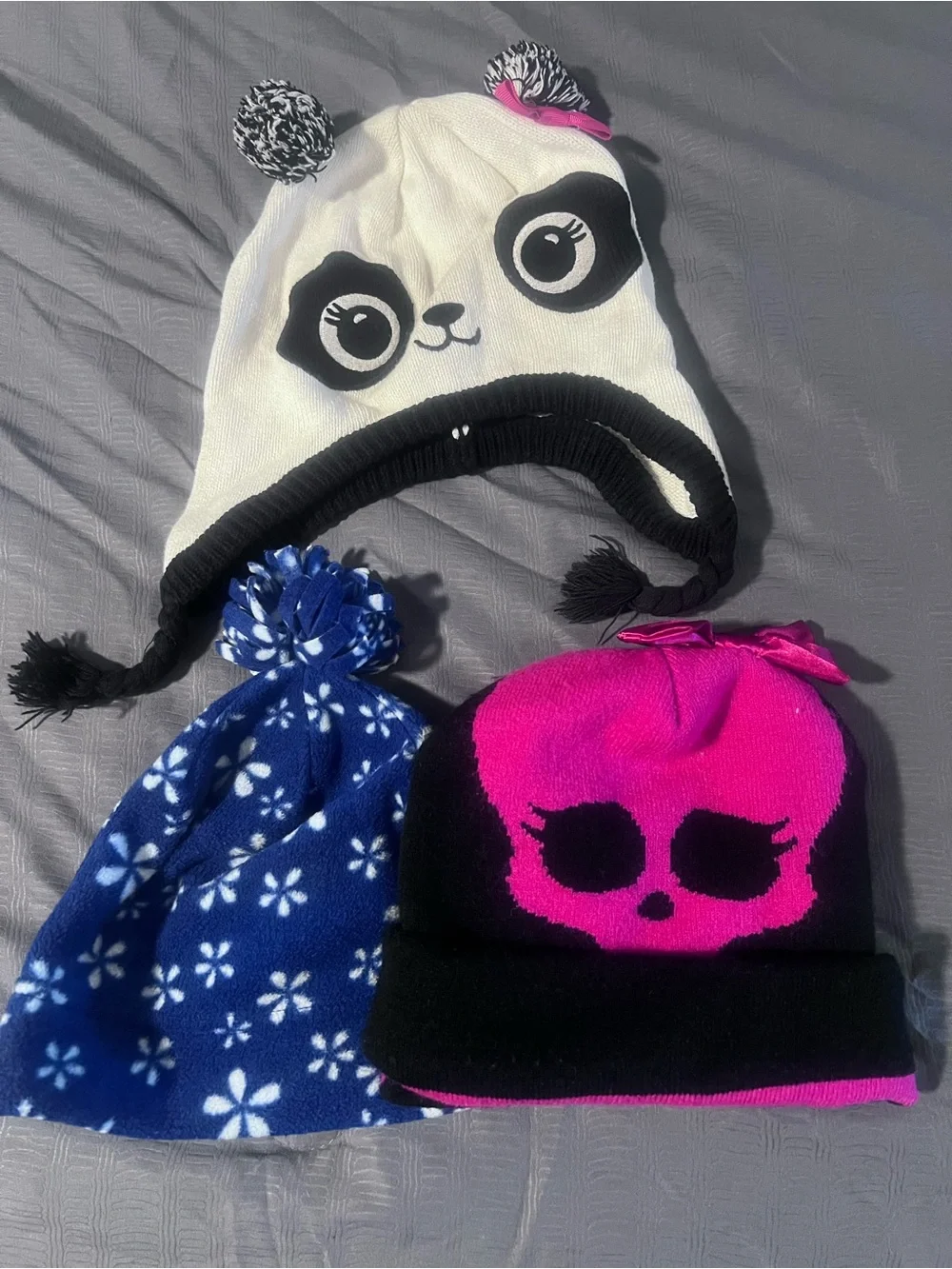 Kids Winter Beanie Hats- White Panda, Blue Snowflake & Pink Skull